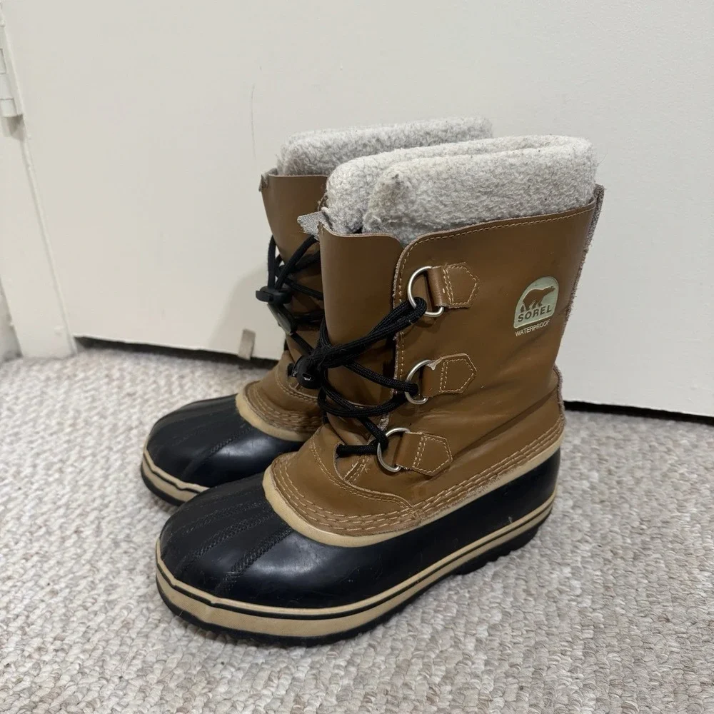 Sorel Caribou Brown Black Leather Lace Up Mid Calf Snow Boots Women's Size US 5